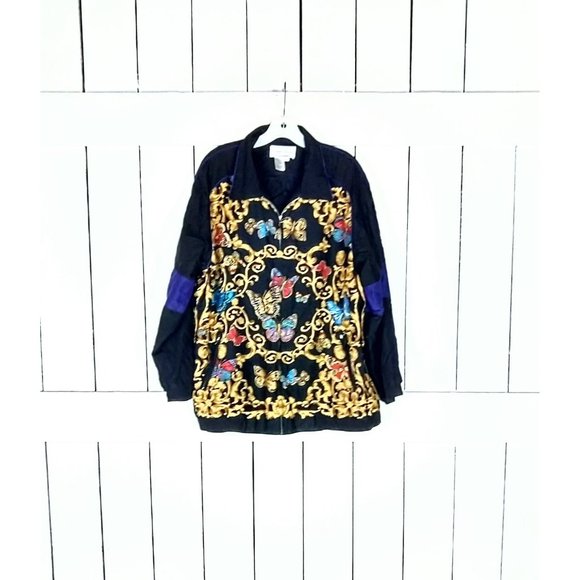 Vintage baroque butterfly silk jacket/silk wind breaker bomber zipper jacket/1x - Picture 1 of 3
